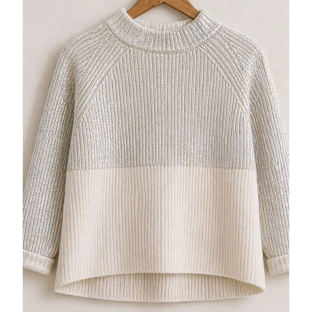 Chico's XL Metallic Colorblock Sweater Silver Ivory Shimmer Knit Mock Neck Cozy